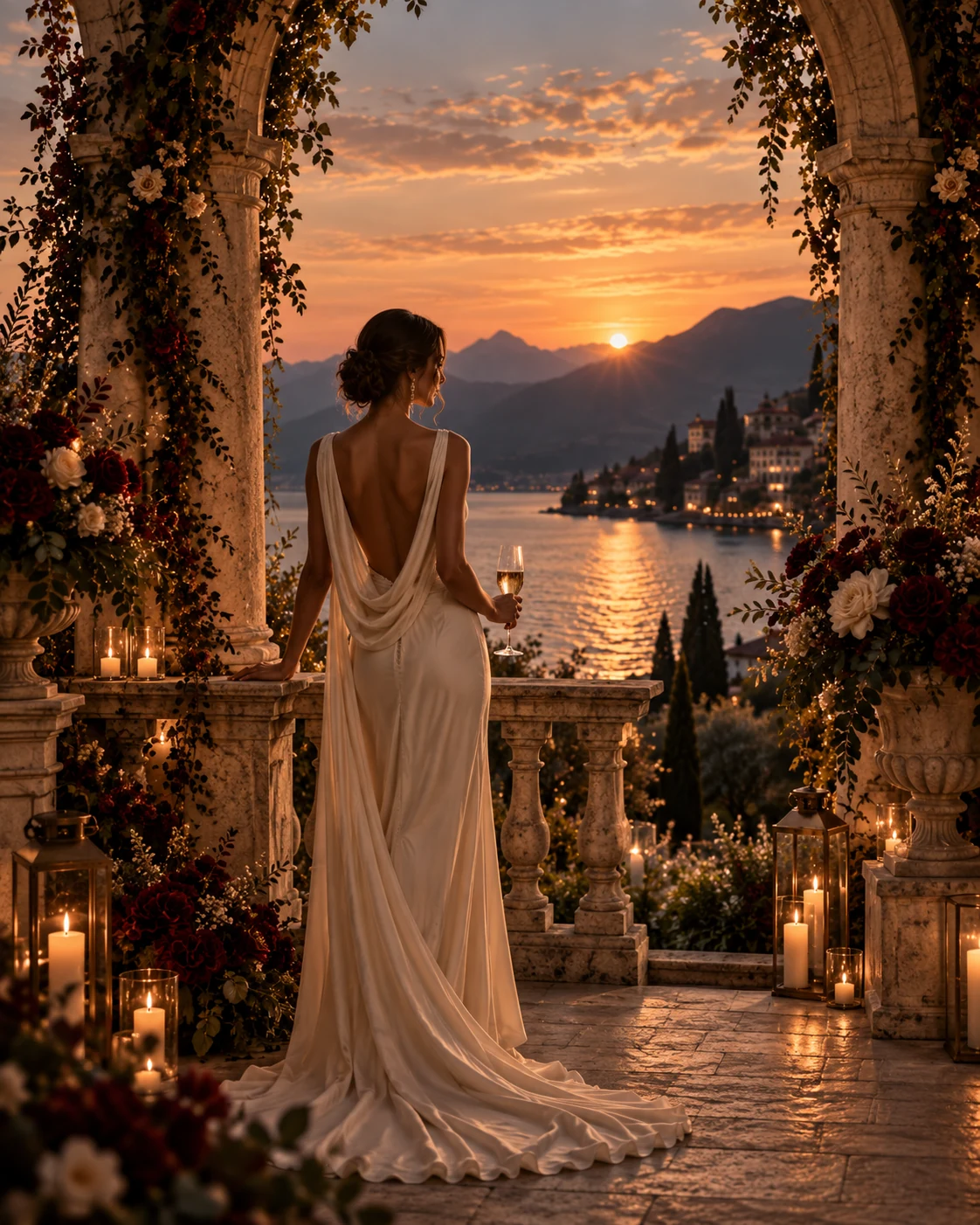 Bride overlooking the lake at sunset