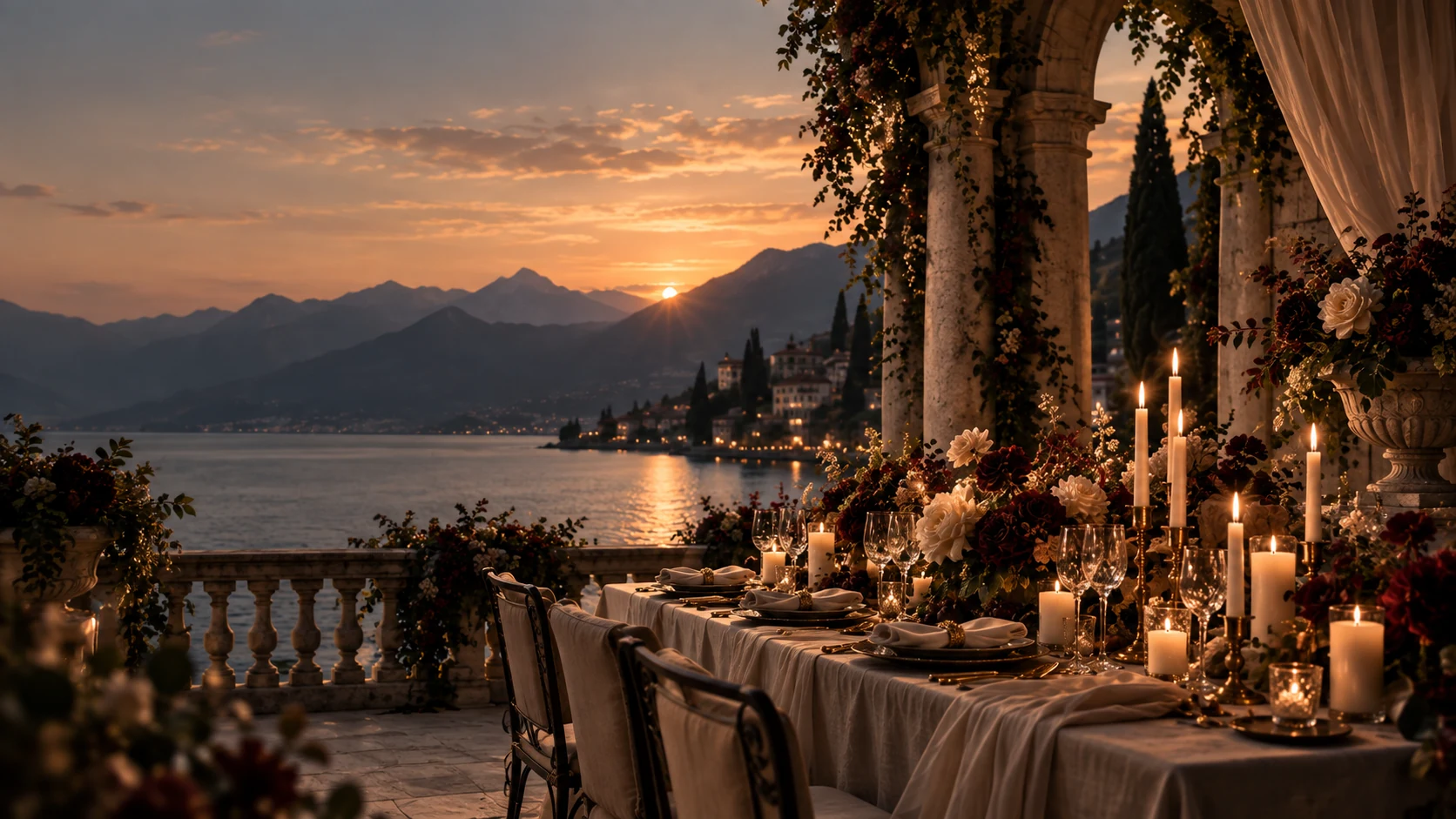 Elegant event tablescape at sunset