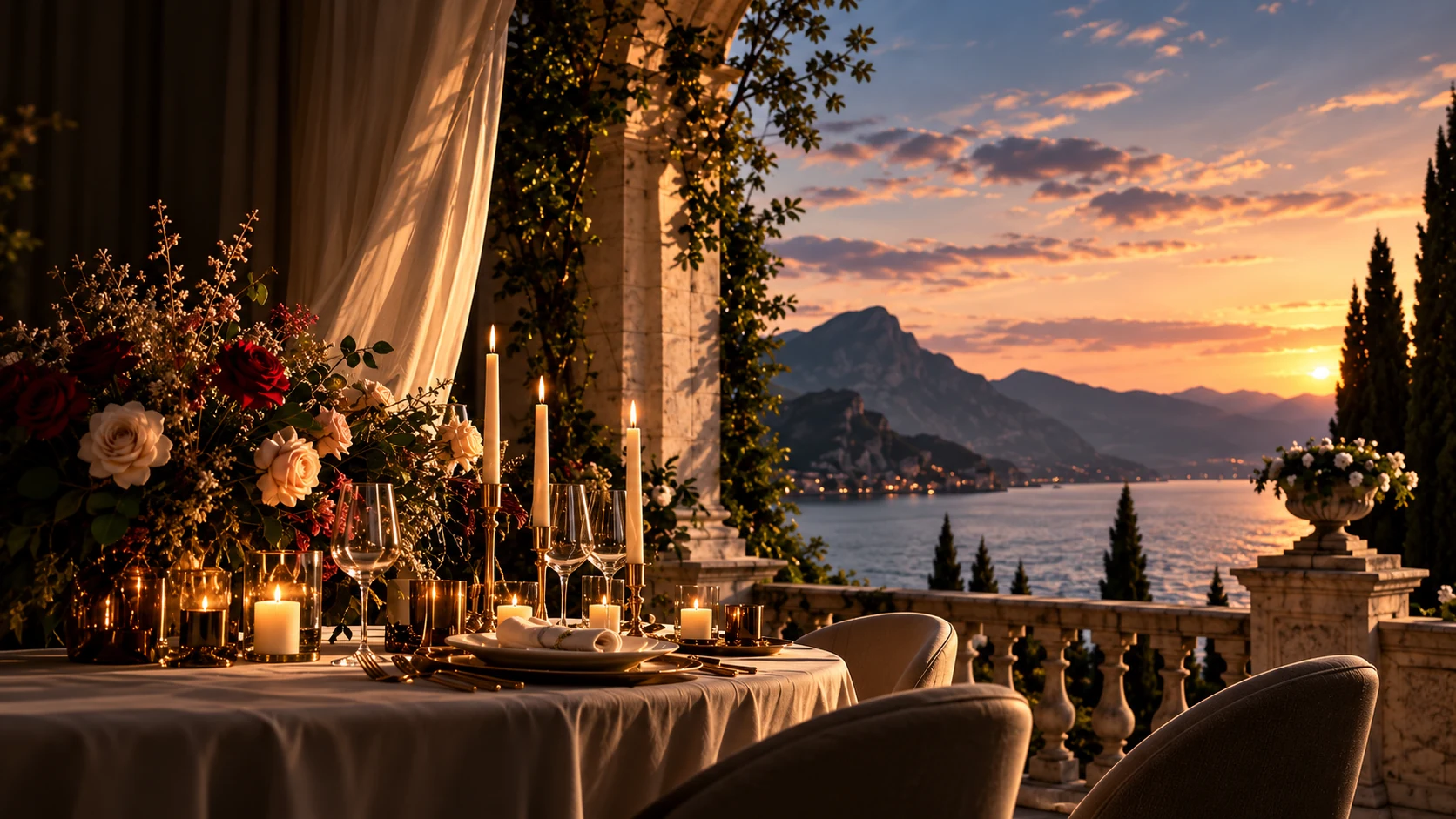 Luxury candlelit lakeside terrace event at sunset