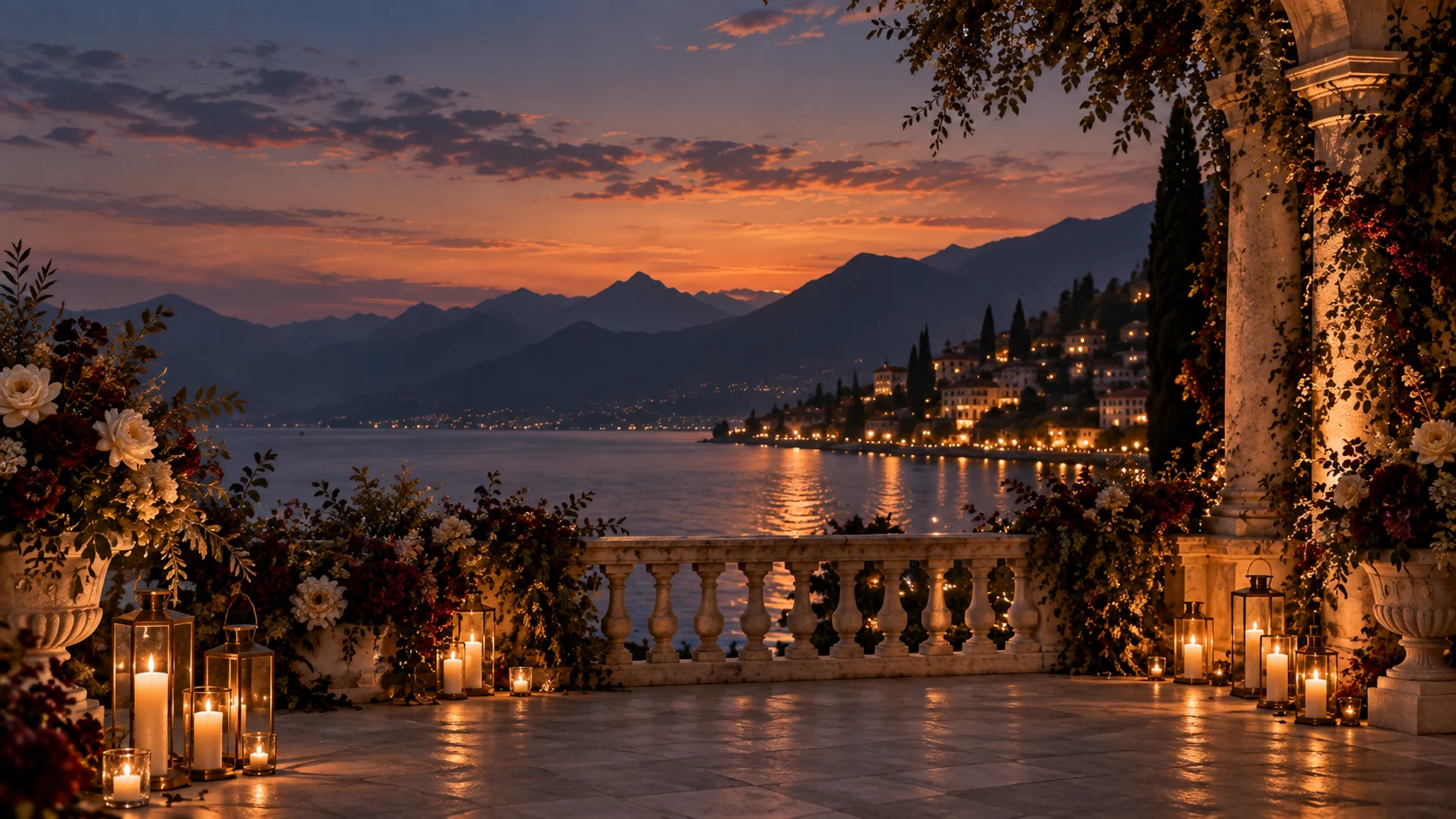 Candlelit lakeside terrace at dusk